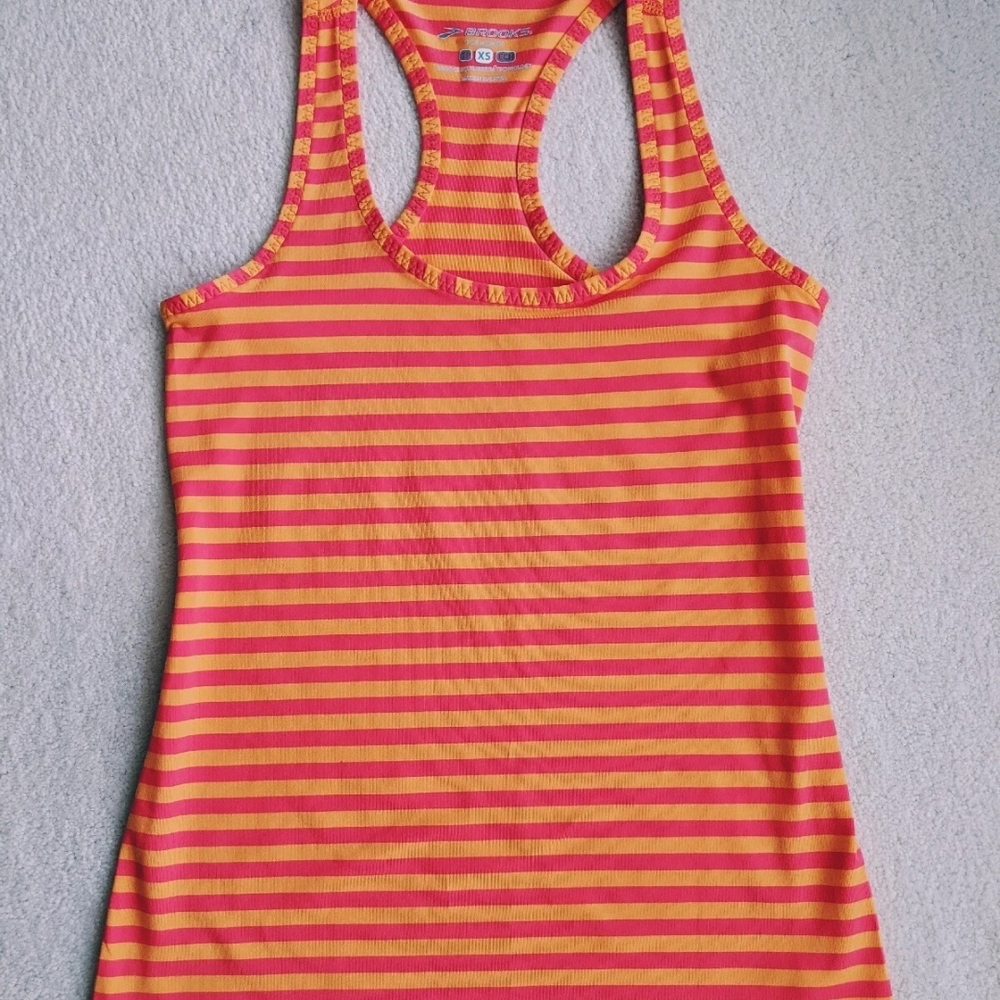 BROOKS Womens sz XS Pink & Mango Striped Racerback Running Athletic Tank Top